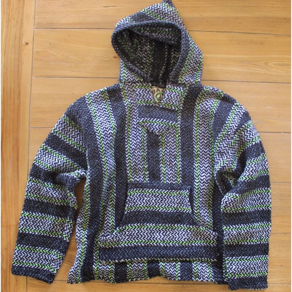 Baja Joe Hippie Hoodie Small Dark Grey and Lime Green Relaxed Hoodie